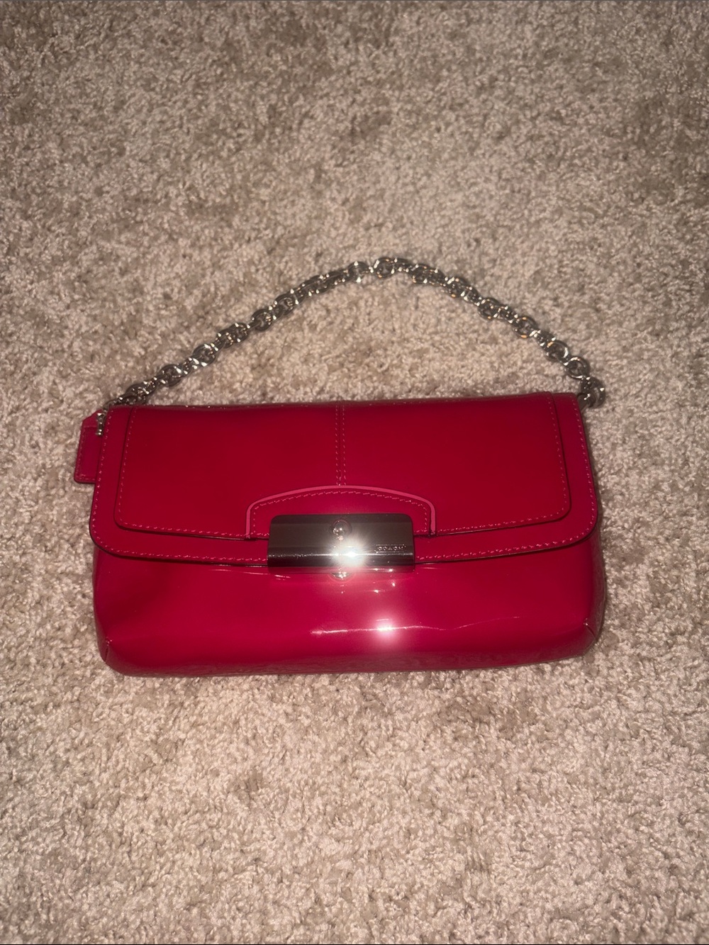 Coach Kristin Raspberry Patent Leather Clutch with silver-toned chain hardware